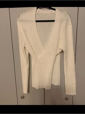 CUPSHE White Ribbed Wrap Sweater in size Large